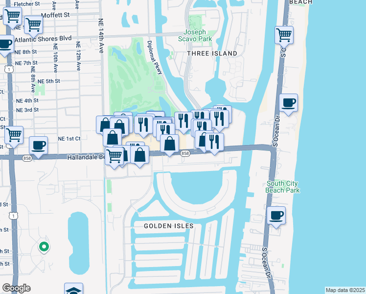 map of restaurants, bars, coffee shops, grocery stores, and more near 26 Diplomat Parkway in Hallandale Beach