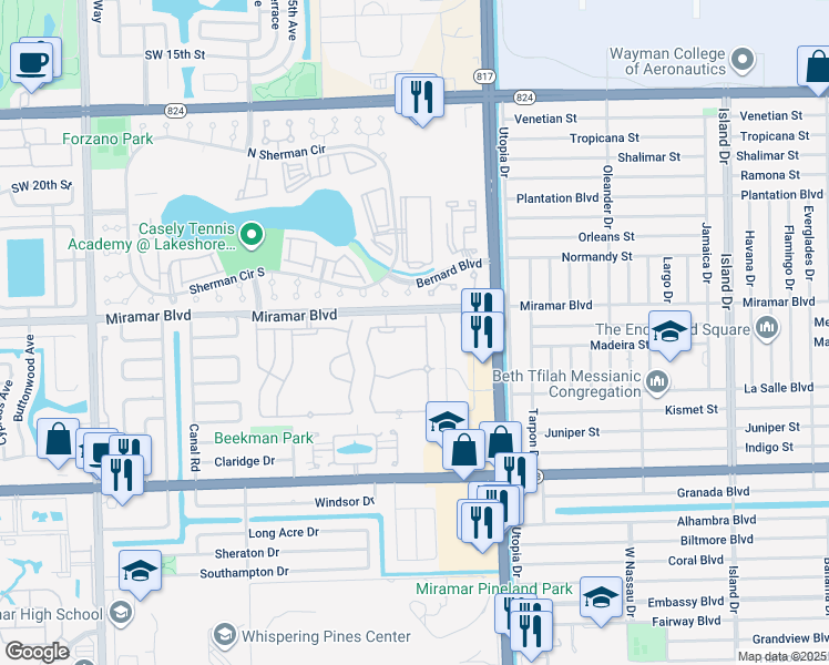 map of restaurants, bars, coffee shops, grocery stores, and more near 8220 Southwest 25th Court in Hollywood