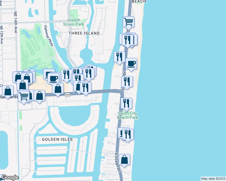 map of restaurants, bars, coffee shops, grocery stores, and more near 1801 South Ocean Drive in Hallandale Beach