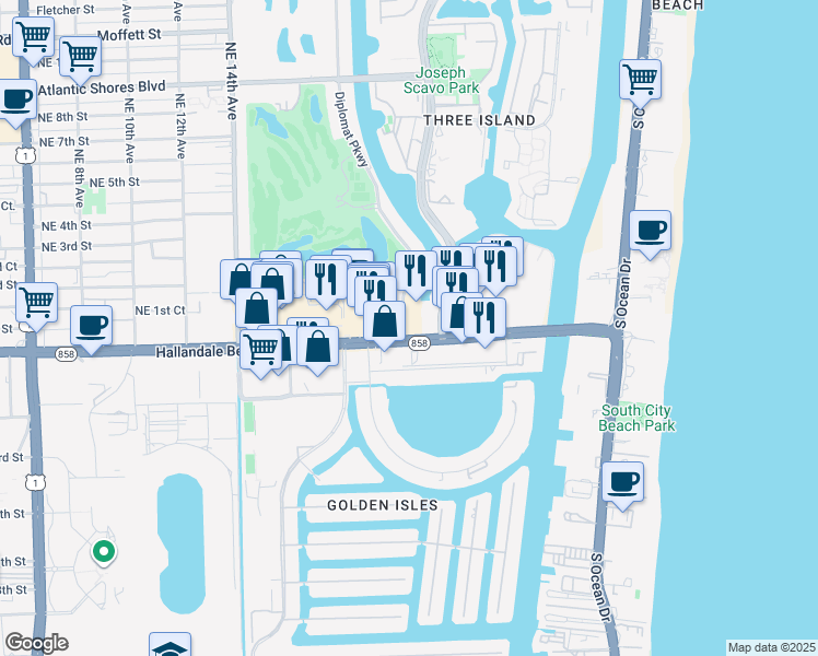 map of restaurants, bars, coffee shops, grocery stores, and more near 26 Diplomat Parkway in Hallandale Beach