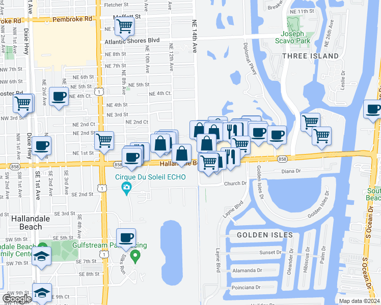 map of restaurants, bars, coffee shops, grocery stores, and more near 1339 East Hallandale Beach Boulevard in Hallandale Beach