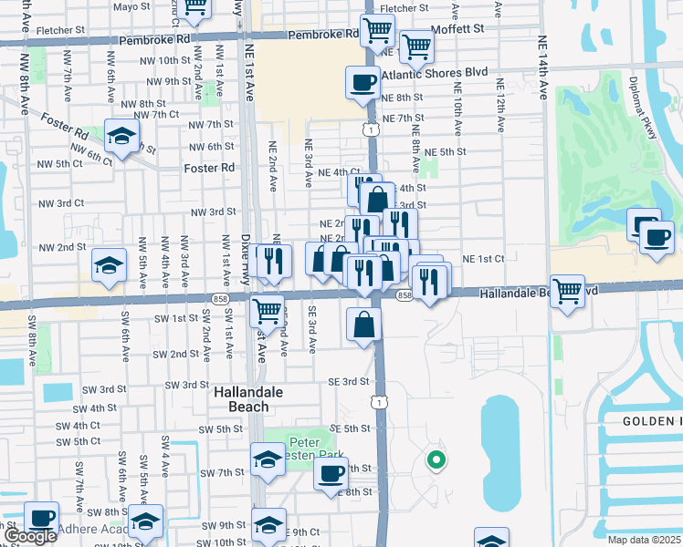 map of restaurants, bars, coffee shops, grocery stores, and more near 415 East Hallandale Beach Boulevard in Hallandale Beach