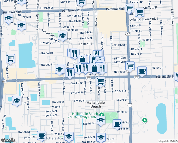map of restaurants, bars, coffee shops, grocery stores, and more near 100 Northwest 1st Avenue in Hallandale Beach