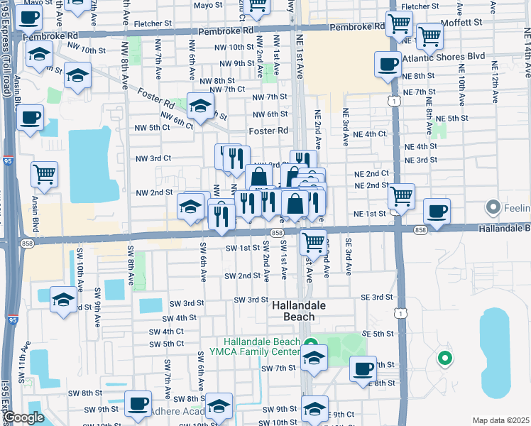 map of restaurants, bars, coffee shops, grocery stores, and more near 26 Northwest 3rd Avenue in Hallandale Beach