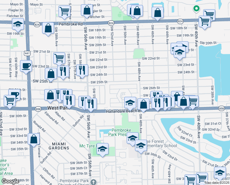 map of restaurants, bars, coffee shops, grocery stores, and more near 5101 Southwest 27th Court in Pembroke Park