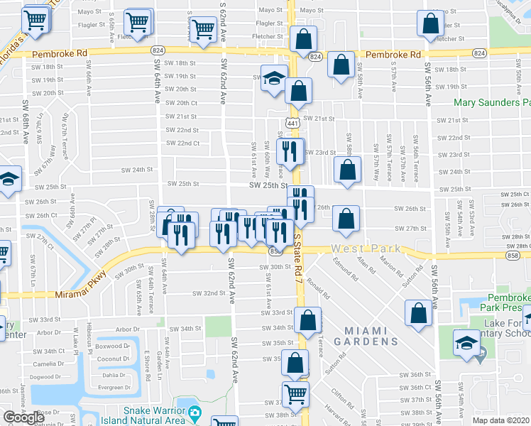 map of restaurants, bars, coffee shops, grocery stores, and more near 6033 Southwest 27th Street in Miramar