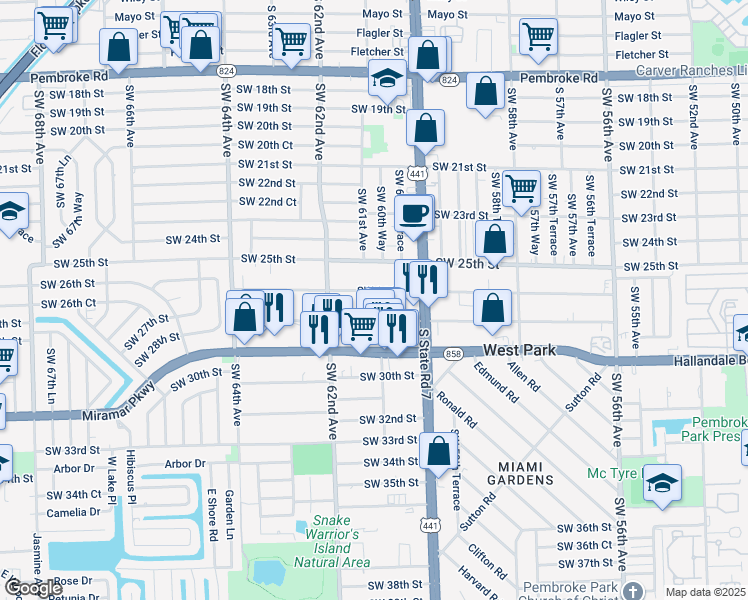 map of restaurants, bars, coffee shops, grocery stores, and more near 6115 Southwest 27th Street in Miramar