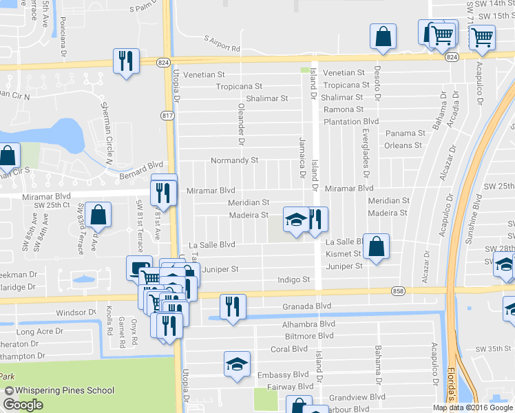map of restaurants, bars, coffee shops, grocery stores, and more near 2630 Nassau Drive in Miramar