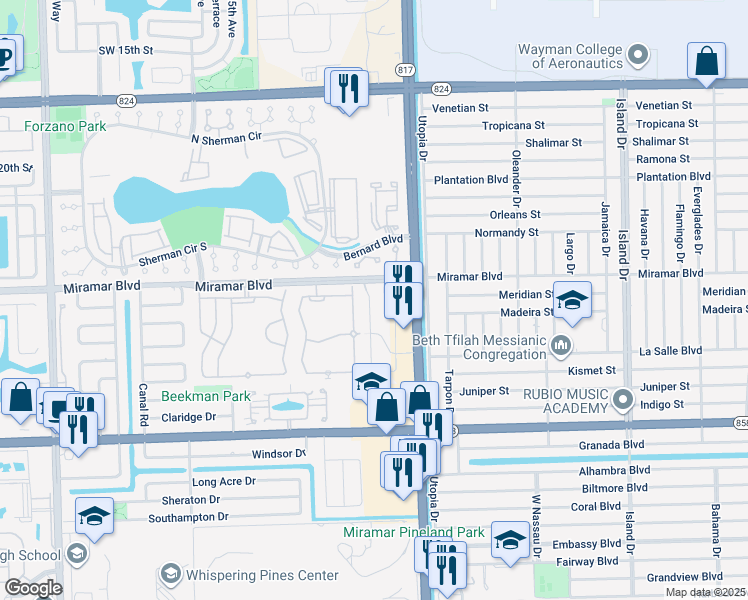 map of restaurants, bars, coffee shops, grocery stores, and more near 2610 Southwest 81st Avenue in Miramar