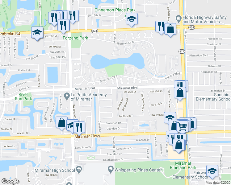 map of restaurants, bars, coffee shops, grocery stores, and more near 8612 Wilshire Drive in Miramar