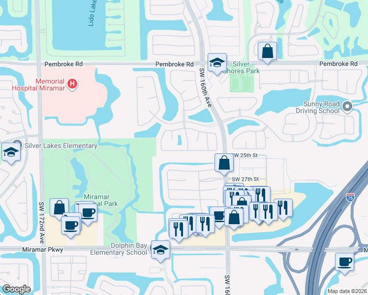 map of restaurants, bars, coffee shops, grocery stores, and more near 16336 Southwest 26th Street in Miramar
