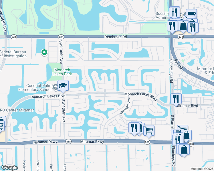 map of restaurants, bars, coffee shops, grocery stores, and more near 13126 Southwest 24th Street in Miramar