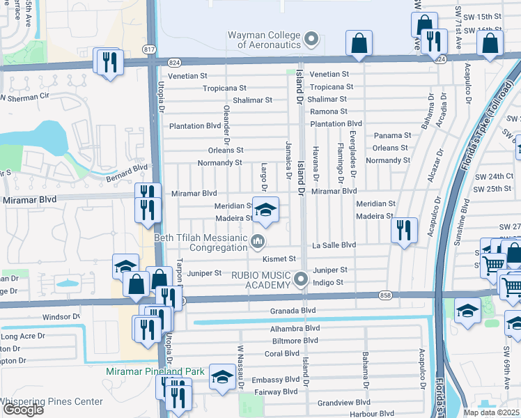 map of restaurants, bars, coffee shops, grocery stores, and more near 7804 Meridian Street in Miramar