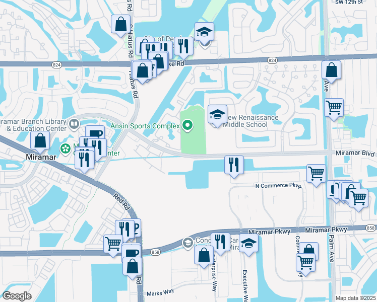 map of restaurants, bars, coffee shops, grocery stores, and more near 10801 Miramar Boulevard in Miramar