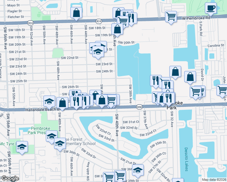 map of restaurants, bars, coffee shops, grocery stores, and more near 4040 Southwest 27th Street in West Park
