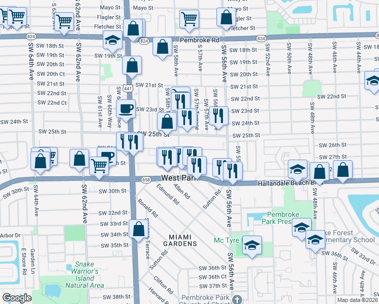 map of restaurants, bars, coffee shops, grocery stores, and more near 5737 Southwest 27th Street in West Park