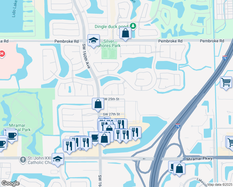 map of restaurants, bars, coffee shops, grocery stores, and more near 15796 Southwest 26th Street in Miramar