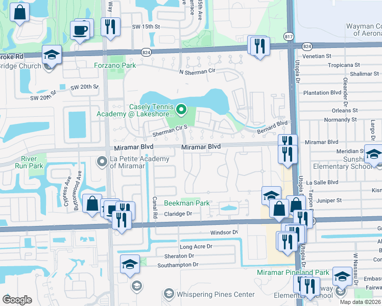 map of restaurants, bars, coffee shops, grocery stores, and more near 2605 Southwest 85th Avenue in Miramar