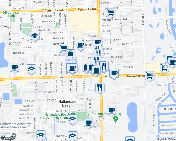 map of restaurants, bars, coffee shops, grocery stores, and more near 301 East Hallandale Beach Boulevard in Hallandale Beach