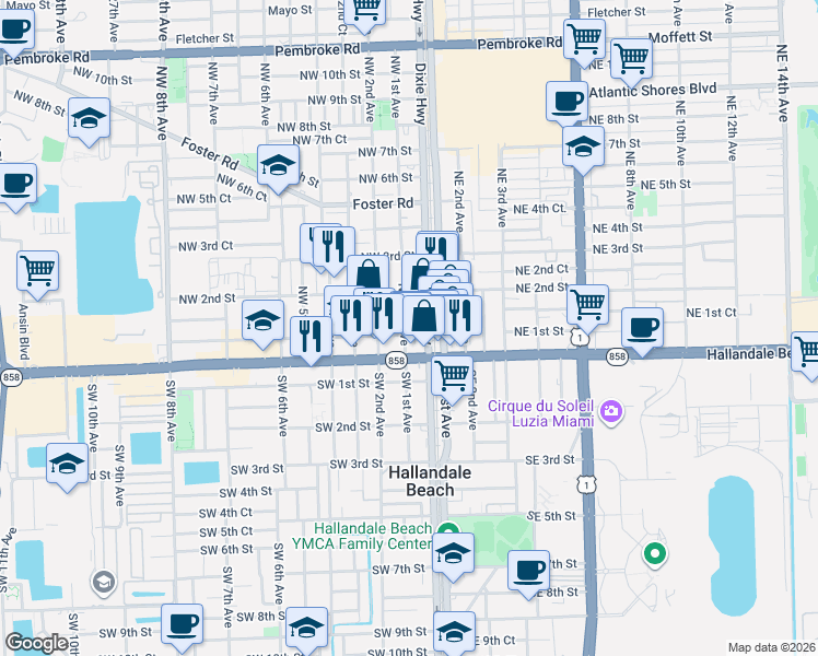 map of restaurants, bars, coffee shops, grocery stores, and more near 100 Northwest 1st Avenue in Hallandale Beach