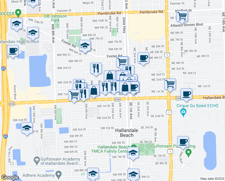 map of restaurants, bars, coffee shops, grocery stores, and more near 26 Northwest 3rd Avenue in Hallandale Beach