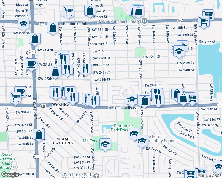 map of restaurants, bars, coffee shops, grocery stores, and more near 2631 Southwest 53rd Avenue in West Park