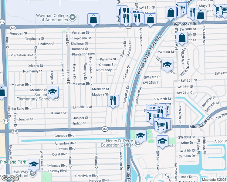 map of restaurants, bars, coffee shops, grocery stores, and more near 2624 Arcadia Drive in Miramar