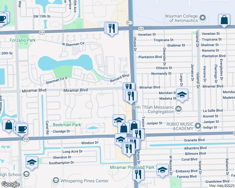 map of restaurants, bars, coffee shops, grocery stores, and more near 2577 Southwest 82nd Avenue in Miramar