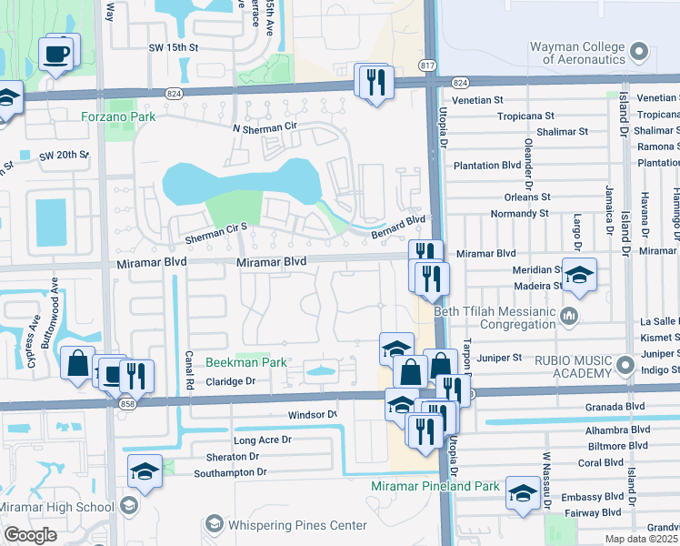map of restaurants, bars, coffee shops, grocery stores, and more near 8266 Southwest 25th Street in Miramar