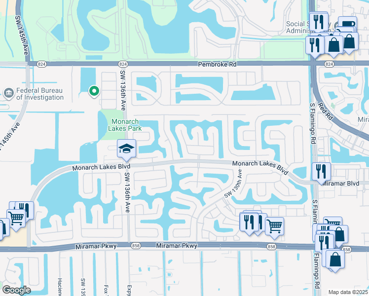 map of restaurants, bars, coffee shops, grocery stores, and more near 13176 Southwest 24th Street in Miramar