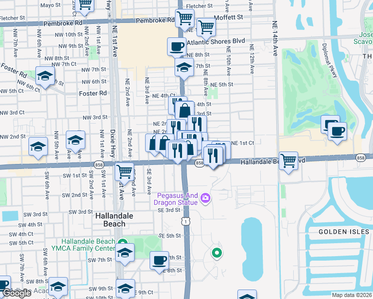 map of restaurants, bars, coffee shops, grocery stores, and more near 10 North Federal Highway in Hallandale Beach