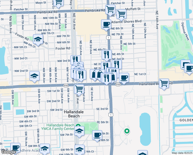 map of restaurants, bars, coffee shops, grocery stores, and more near 301 East Hallandale Beach Boulevard in Hallandale Beach