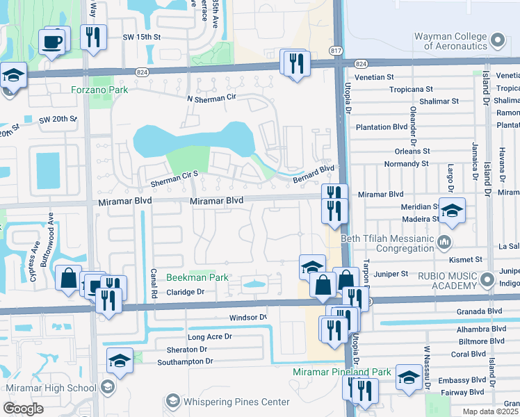 map of restaurants, bars, coffee shops, grocery stores, and more near 2524 Southwest 83rd Avenue in Miramar