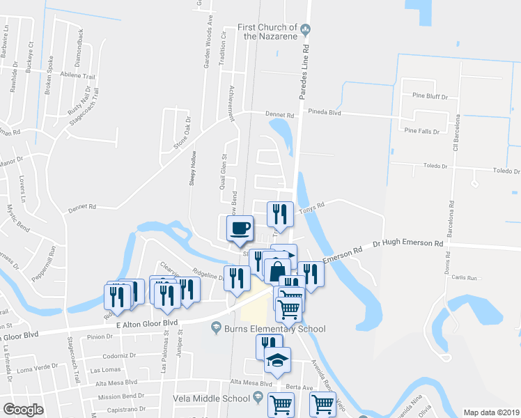 map of restaurants, bars, coffee shops, grocery stores, and more near 5651 Hunters Break Drive in Brownsville