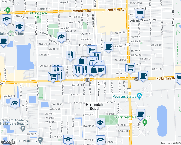 map of restaurants, bars, coffee shops, grocery stores, and more near 100 Northwest 1st Avenue in Hallandale Beach