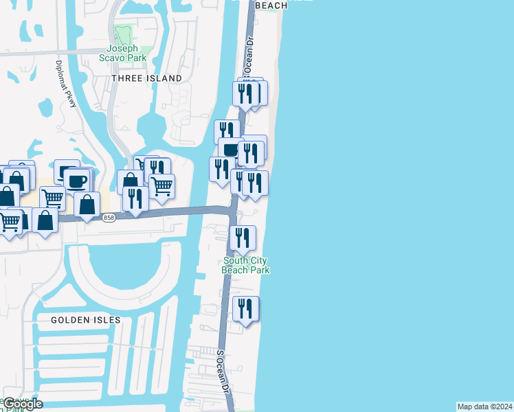 map of restaurants, bars, coffee shops, grocery stores, and more near 111 South Surf Road in Hallandale Beach