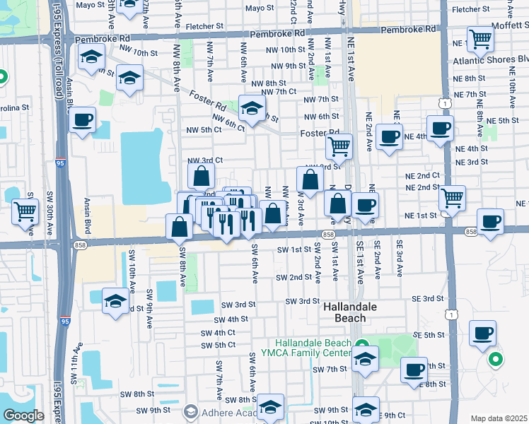 map of restaurants, bars, coffee shops, grocery stores, and more near 111 Northwest 5th Avenue in Hallandale Beach