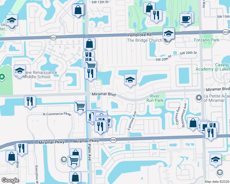 map of restaurants, bars, coffee shops, grocery stores, and more near 9771 Forest Drive in Miramar