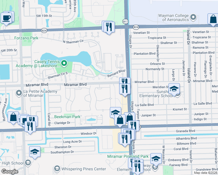 map of restaurants, bars, coffee shops, grocery stores, and more near 2577 Southwest 82nd Avenue in Miramar
