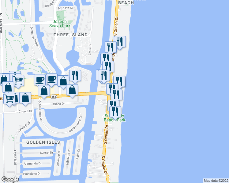 map of restaurants, bars, coffee shops, grocery stores, and more near 4099 South Surf Road in Hallandale Beach