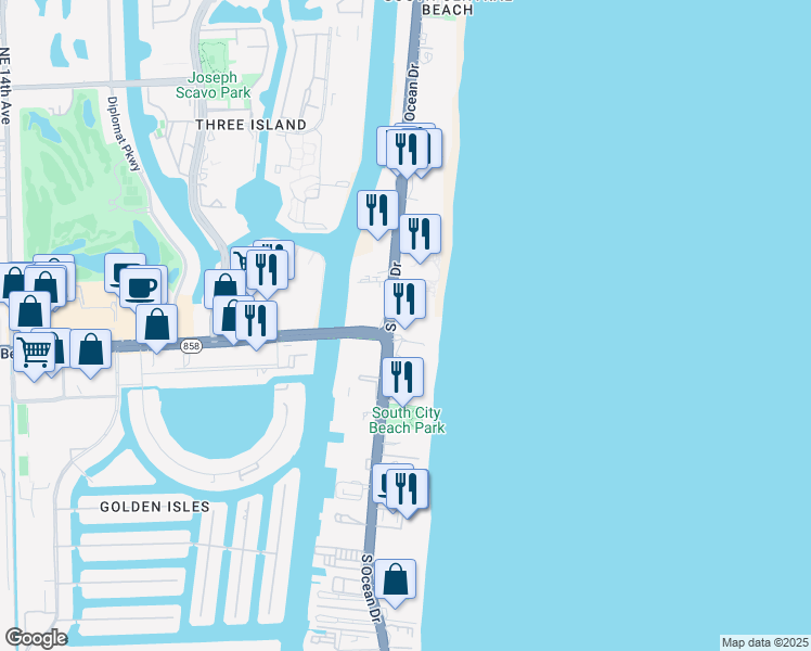 map of restaurants, bars, coffee shops, grocery stores, and more near 4099 South Surf Road in Hallandale Beach