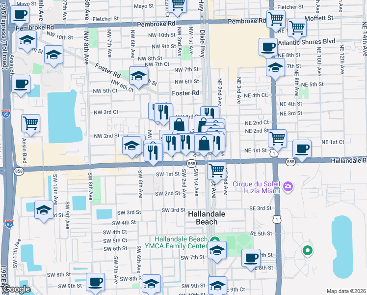 map of restaurants, bars, coffee shops, grocery stores, and more near 26 Northwest 3rd Avenue in Hallandale Beach