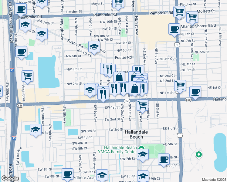 map of restaurants, bars, coffee shops, grocery stores, and more near 26 Northwest 3rd Avenue in Hallandale Beach