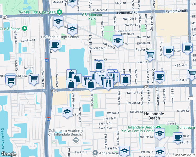 map of restaurants, bars, coffee shops, grocery stores, and more near 713 Northwest 1st Street in Hallandale Beach