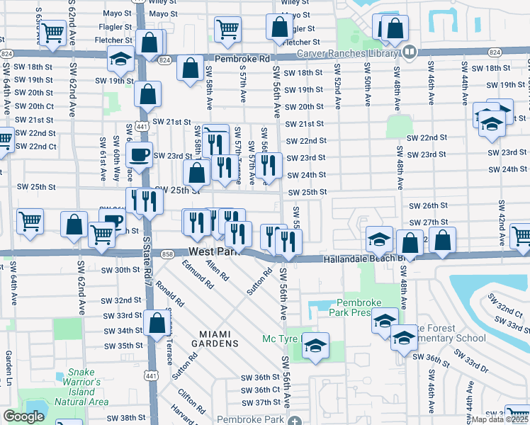 map of restaurants, bars, coffee shops, grocery stores, and more near 5607 Southwest 27th Street in West Park