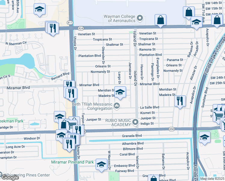 map of restaurants, bars, coffee shops, grocery stores, and more near 2630 Nassau Drive in Miramar