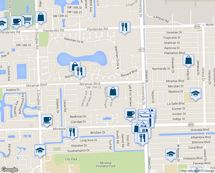 map of restaurants, bars, coffee shops, grocery stores, and more near 2573 Southwest 83rd Terrace in Miramar