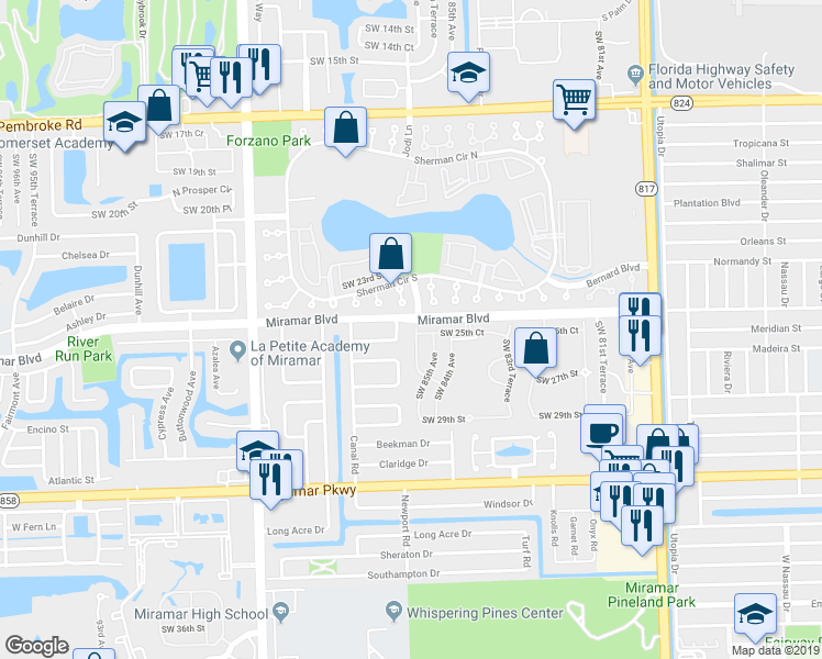 map of restaurants, bars, coffee shops, grocery stores, and more near 8612 Wilshire Drive in Miramar