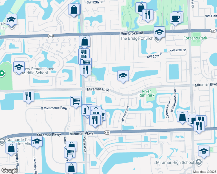 map of restaurants, bars, coffee shops, grocery stores, and more near 9771 Forest Drive in Miramar