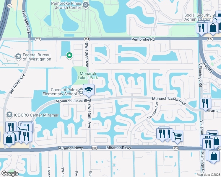 map of restaurants, bars, coffee shops, grocery stores, and more near 13301 Southwest 24th Street in Miramar